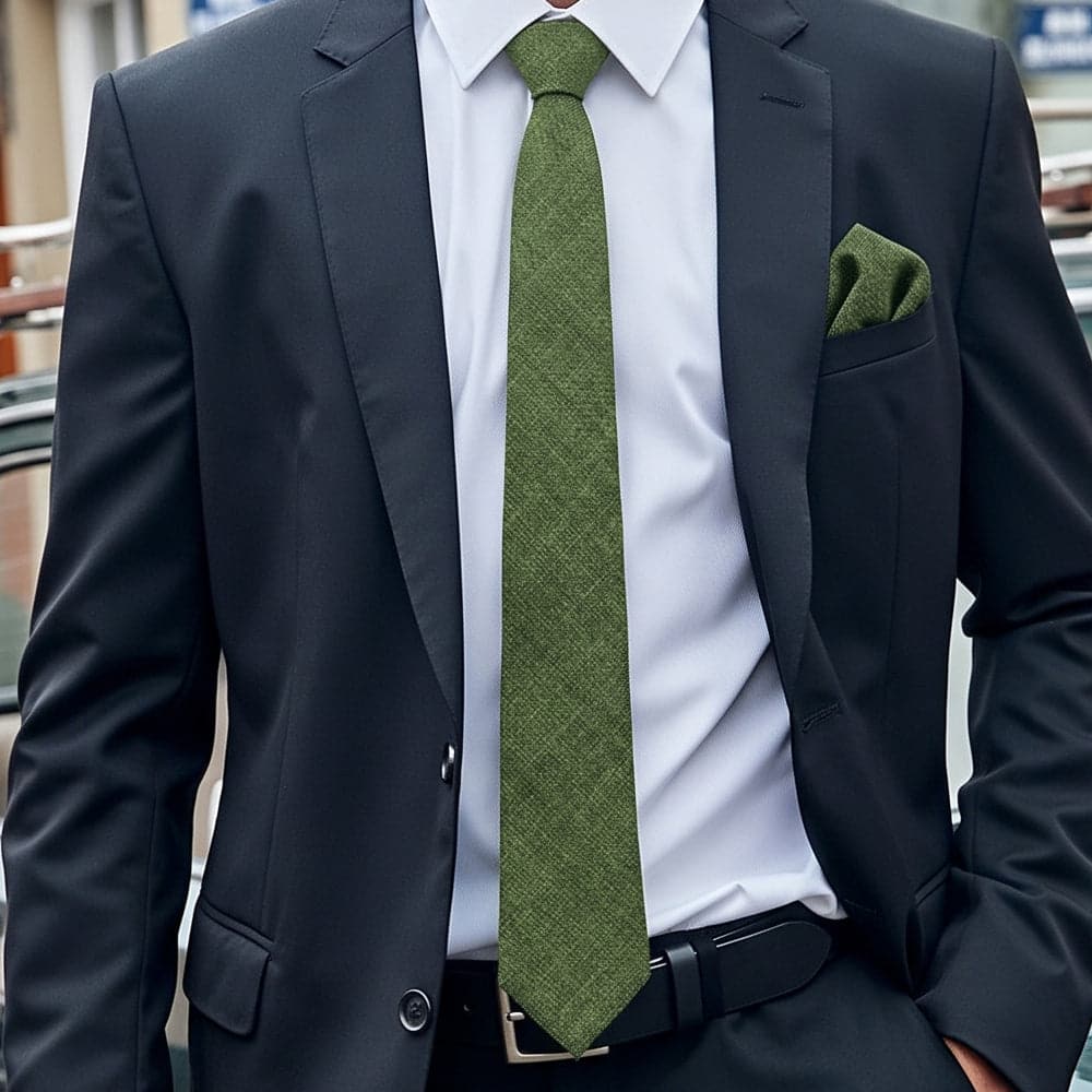 Olive Green Cotton Slim Tie & Pocket Square Set