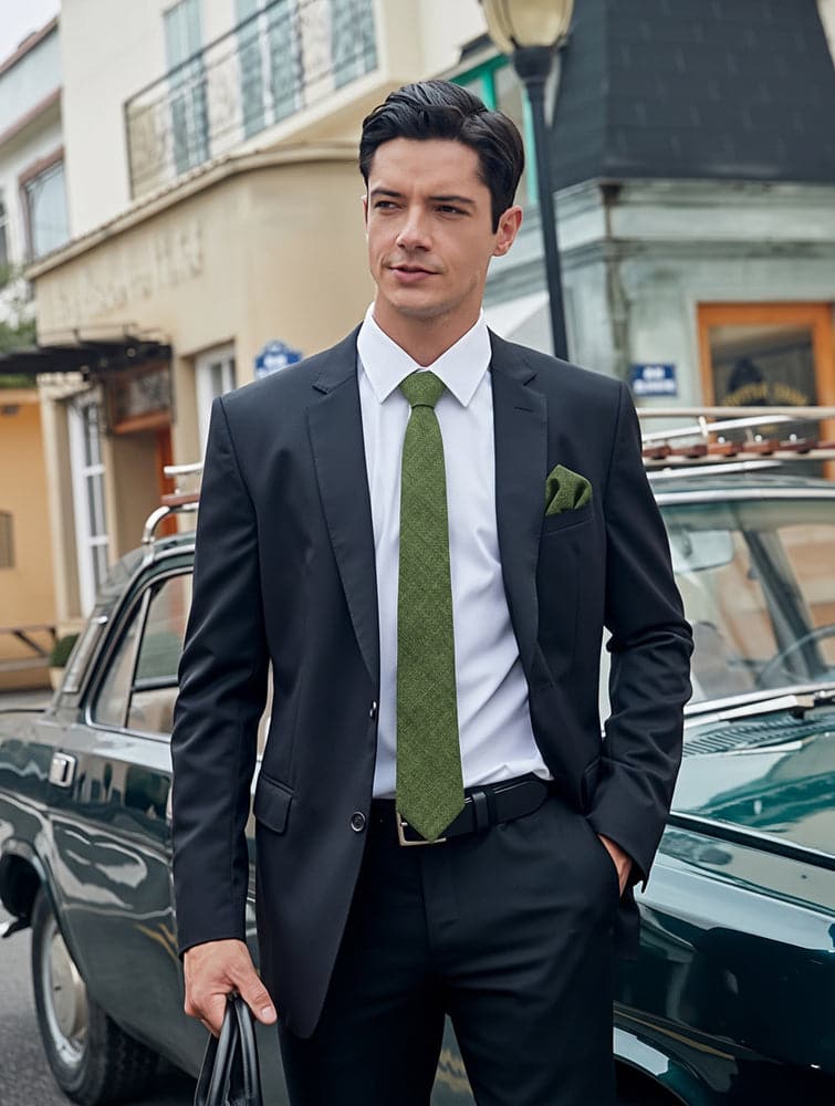 Olive Green Cotton Slim Tie & Pocket Square Set
