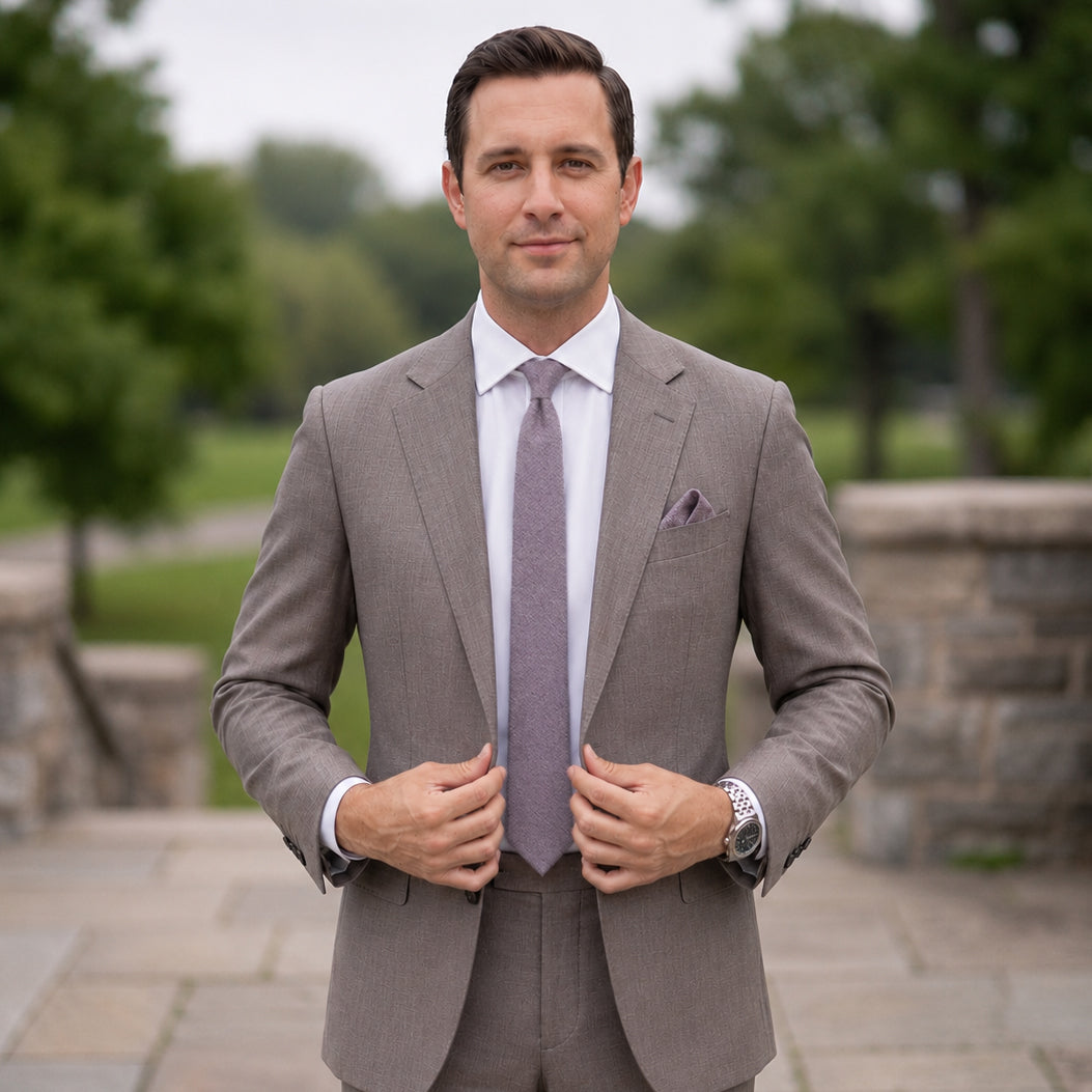 Pink Grey Bamboo & Cotton Blend Skinny Tie & Pocket Square Set