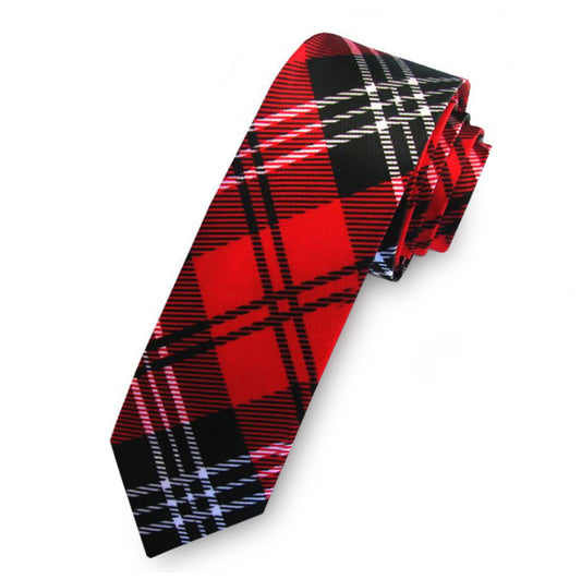 Red, Black & White Tartan Mens Skinny Necktie