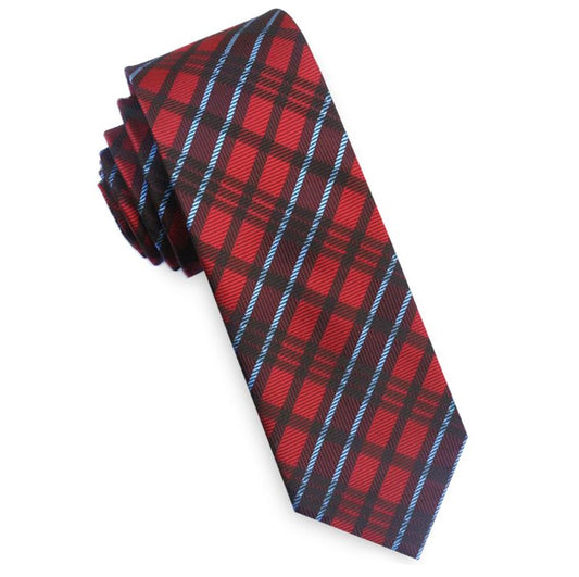 Red & Light Blue Tartan Plaid Skinny Tie