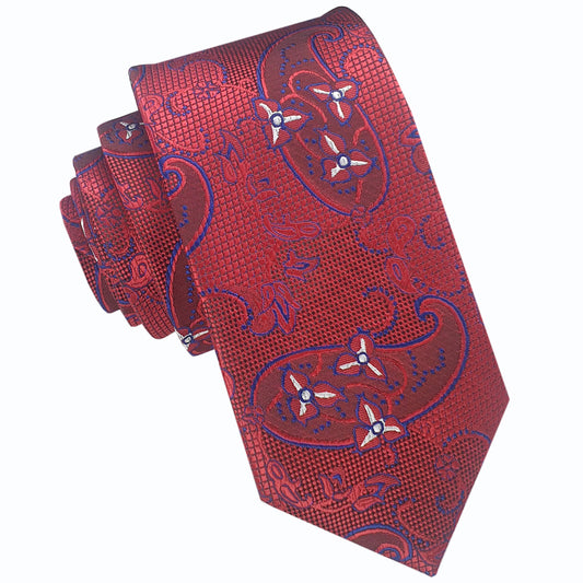 Red With Blue and White Paisley Slim Tie