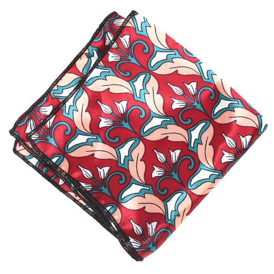 Red with White and Coral Geometric Floral Pocket Square