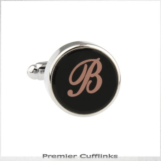 SINGLE BLACK WITH ROSE GOLD INITIAL B CUFFLINK