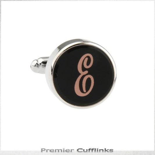 SINGLE BLACK WITH ROSE GOLD INITIAL E CUFFLINK