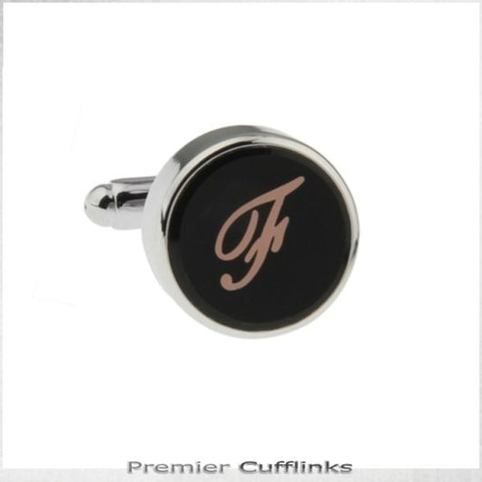 SINGLE BLACK WITH ROSE GOLD INITIAL F CUFFLINK