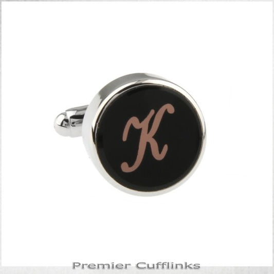 SINGLE BLACK WITH ROSE GOLD INITIAL K CUFFLINK