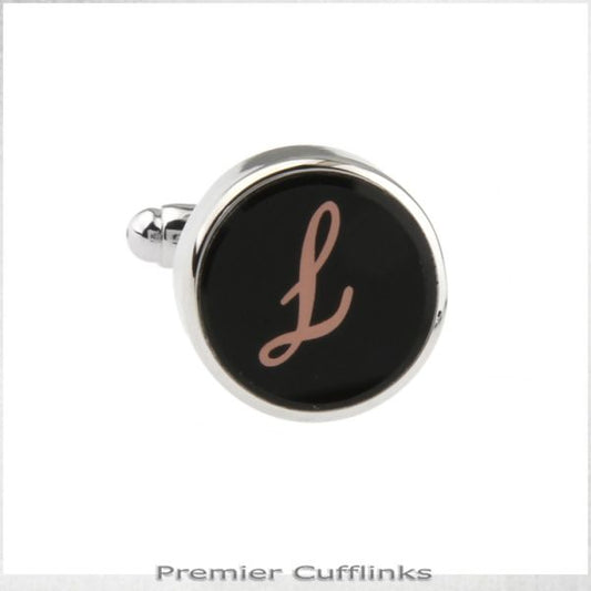 SINGLE BLACK WITH ROSE GOLD INITIAL L CUFFLINK