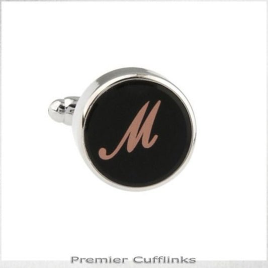 SINGLE BLACK WITH ROSE GOLD INITIAL M CUFFLINK