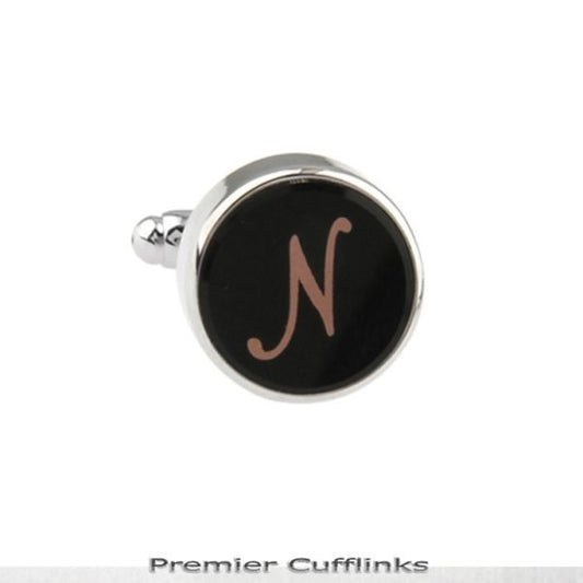SINGLE BLACK WITH ROSE GOLD INITIAL N CUFFLINK