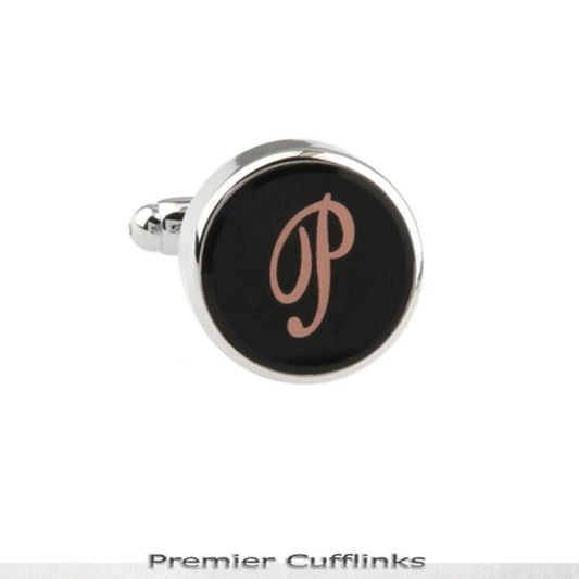 SINGLE BLACK WITH ROSE GOLD INITIAL P CUFFLINK