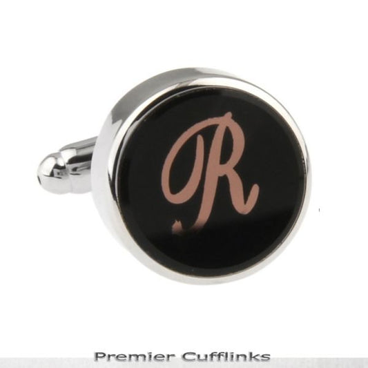 SINGLE BLACK WITH ROSE GOLD INITIAL R CUFFLINK