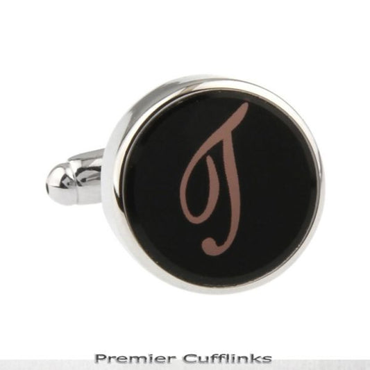 SINGLE BLACK WITH ROSE GOLD INITIAL T CUFFLINK