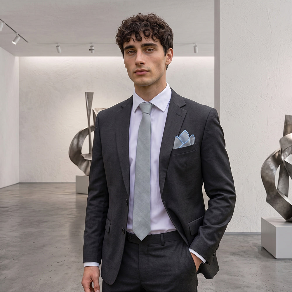 Sage Grey Bamboo & Cotton Blend Skinny Tie & Pocket Square Set