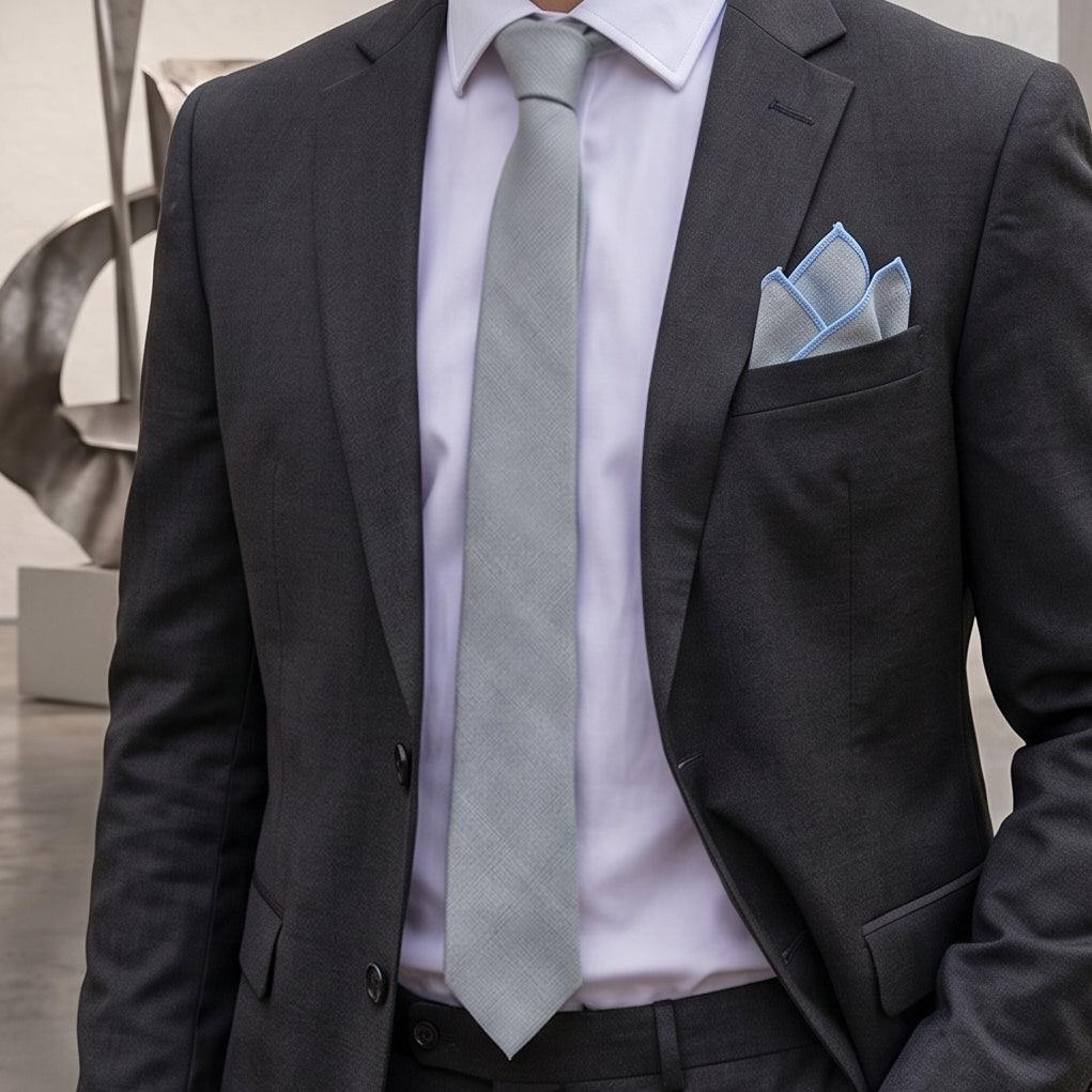 Sage Grey Bamboo & Cotton Blend Skinny Tie & Pocket Square Set