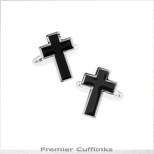 SILVER AND BLACK CROSS CUFFLINKS
