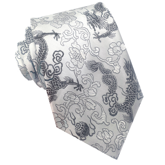 Silver with Black Dragons Hong Kong Style Tie
