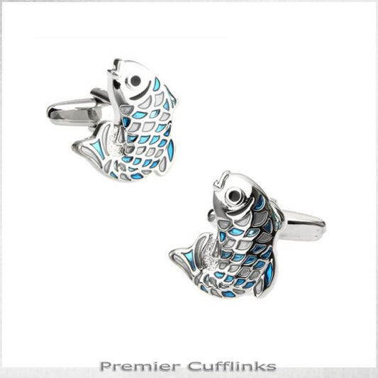 SILVER AND TURQUOISE FISH CUFFLINKS