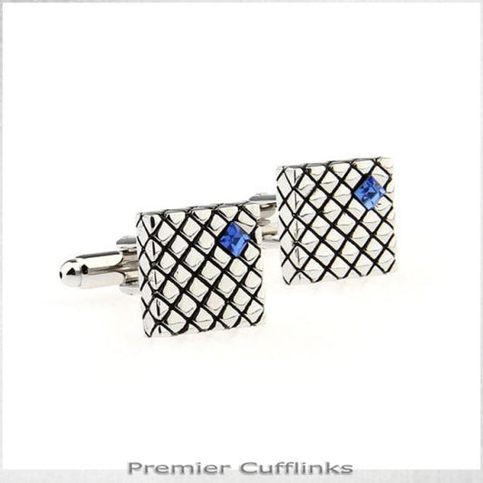 SILVER CROSSHATCH WITH BLUE INSET CUFFLINKS