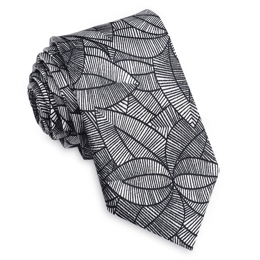 Silver with Black Geometric Leaves Slim Tie