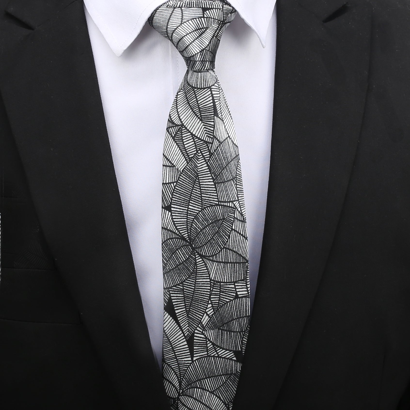 Silver with Black Geometric Leaves Slim Tie