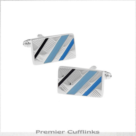 SILVER WITH BLACK AND BLUE DIAGONAL STRIPES CUFFLINKS