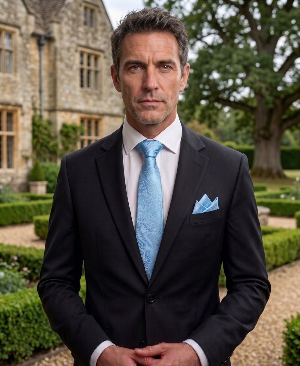 Bright Blue Paisley Slim Tie and Pocket Square Set
