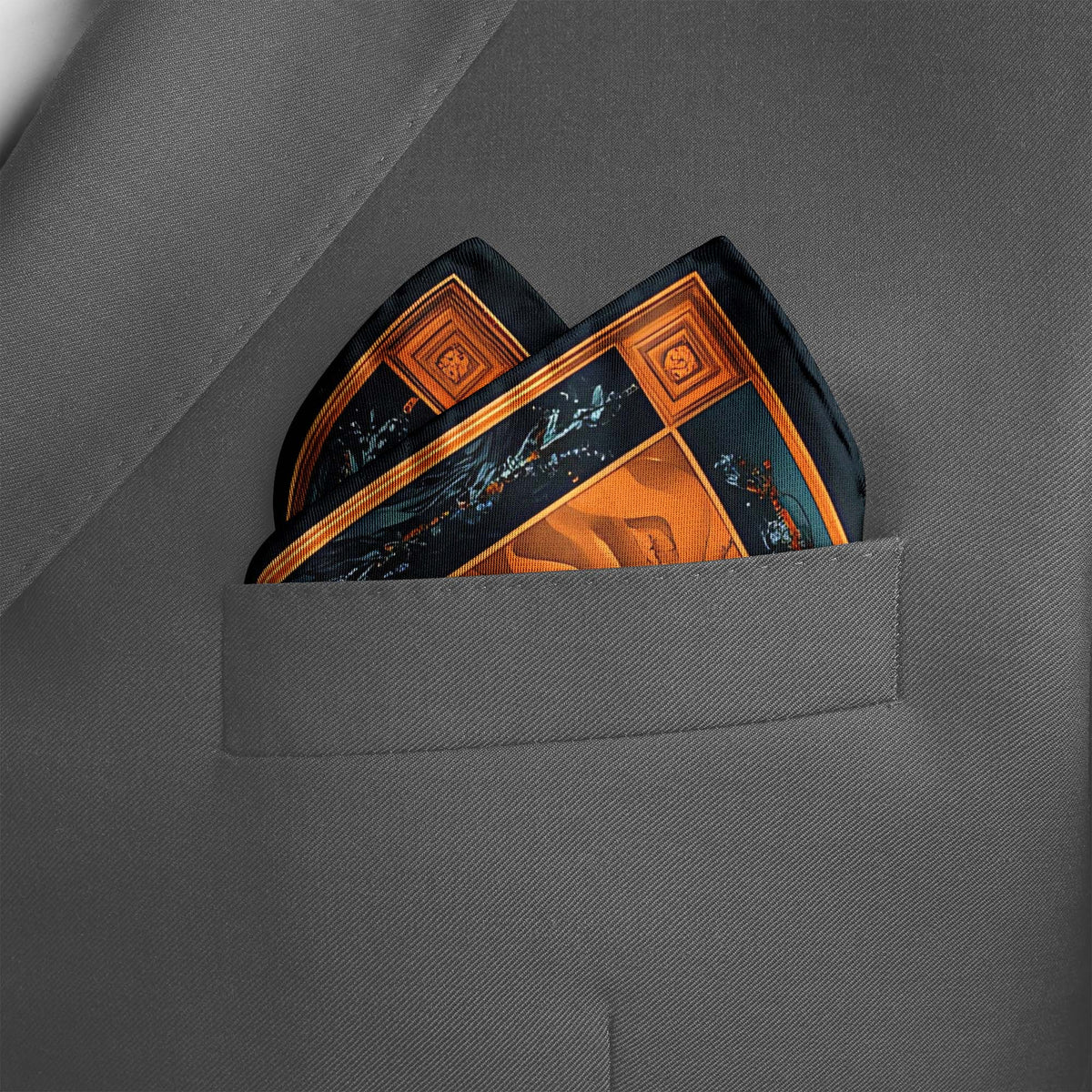 Genuine Silk Teal and Copper Stone Floral Pocket Square