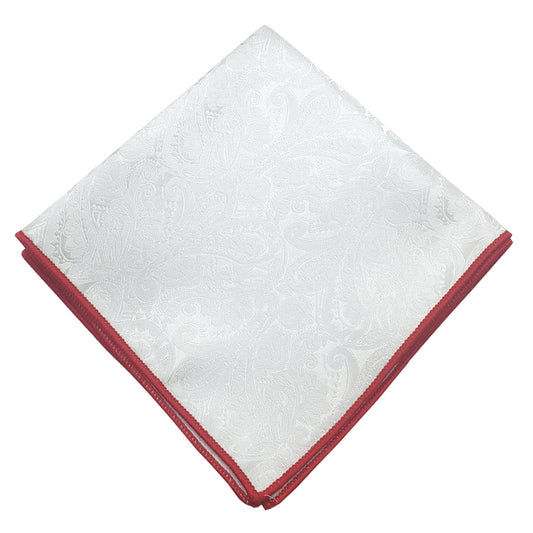 White Paisley with Red Trim Pocket Square